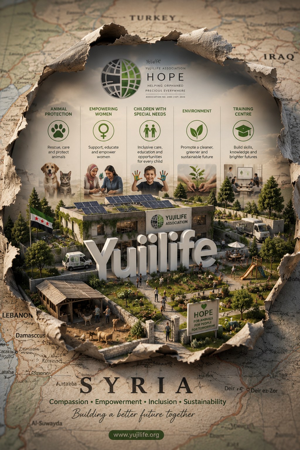 Yujilife Association HOPE campaign poster: a 3D model of the HOPE campus rising through a torn map of Syria, surrounded by icons for animal protection, women's empowerment, inclusive education for children with special needs, environmental care, and the training centre.