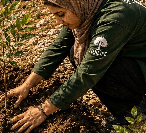 Yujilife volunteer planting a sapling in Syria