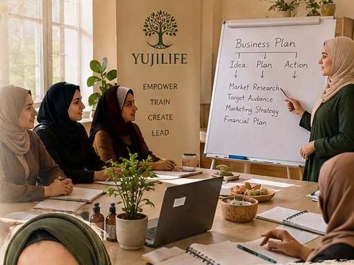Yujilife entrepreneurship workshop: women reviewing a business plan together